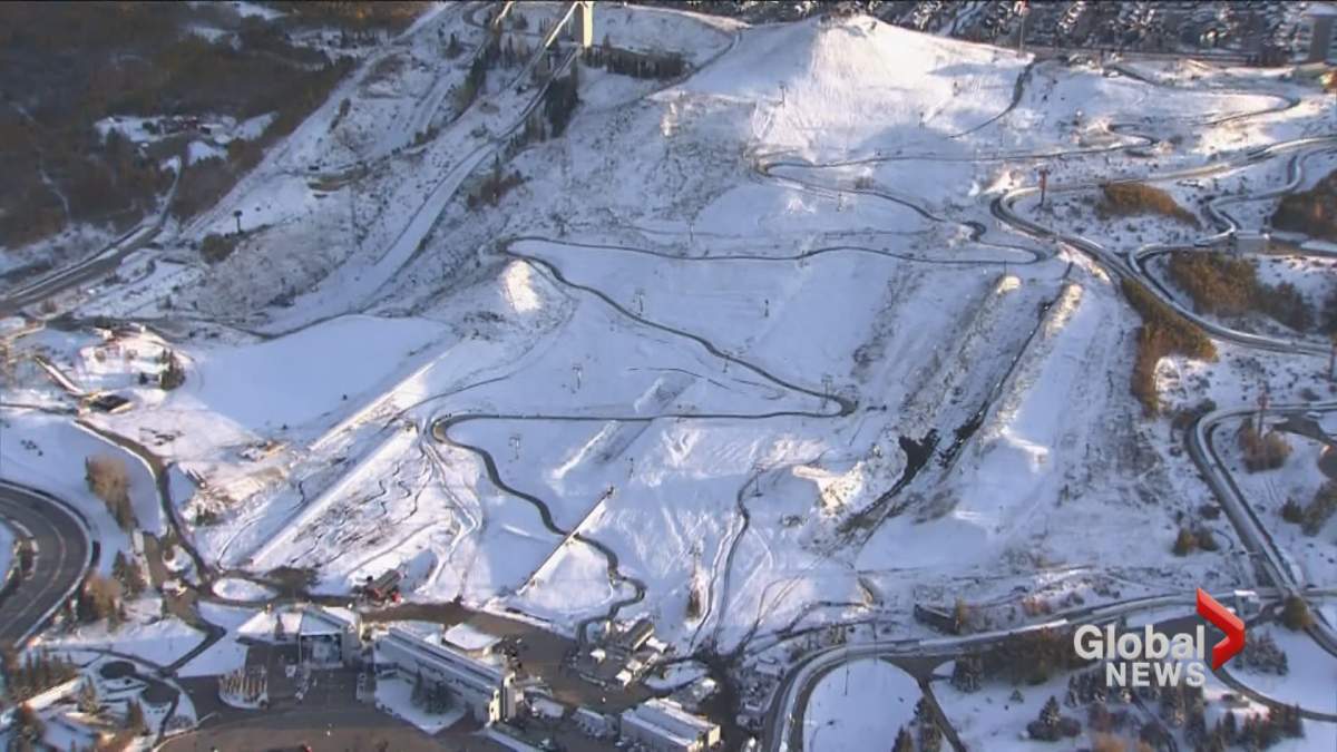 An aerial view of the sliding tracks at WinSport in Calgary.
