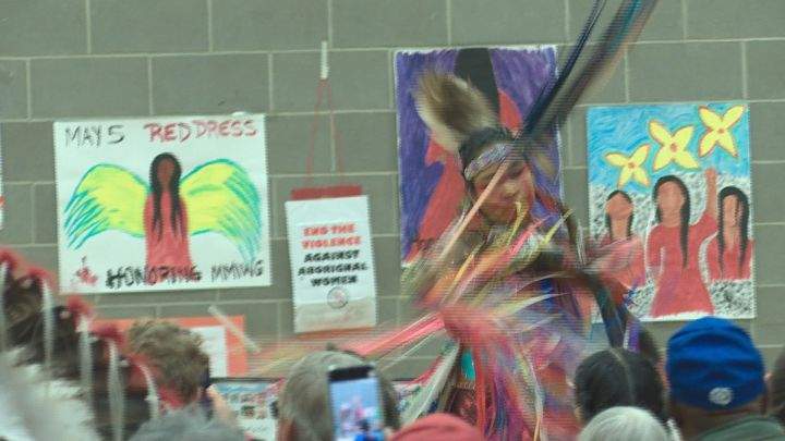 A dancer performs at the Sisters in Spirit vigil at Edmonton’s Boyle Street Plaza on Friday, Oct. 4, 2019.
