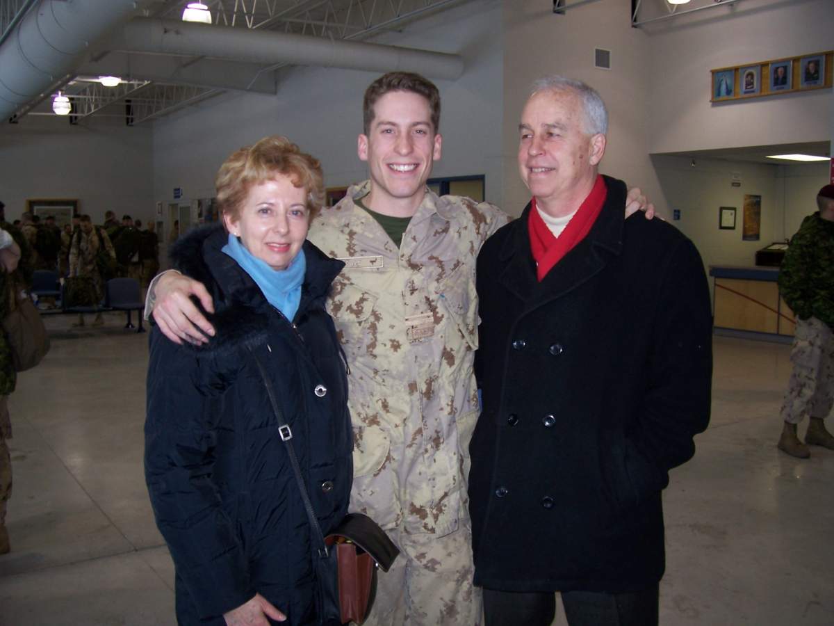 Reine Samson Dawe and her husband Peter with their son Capt. Matthew Dawe.