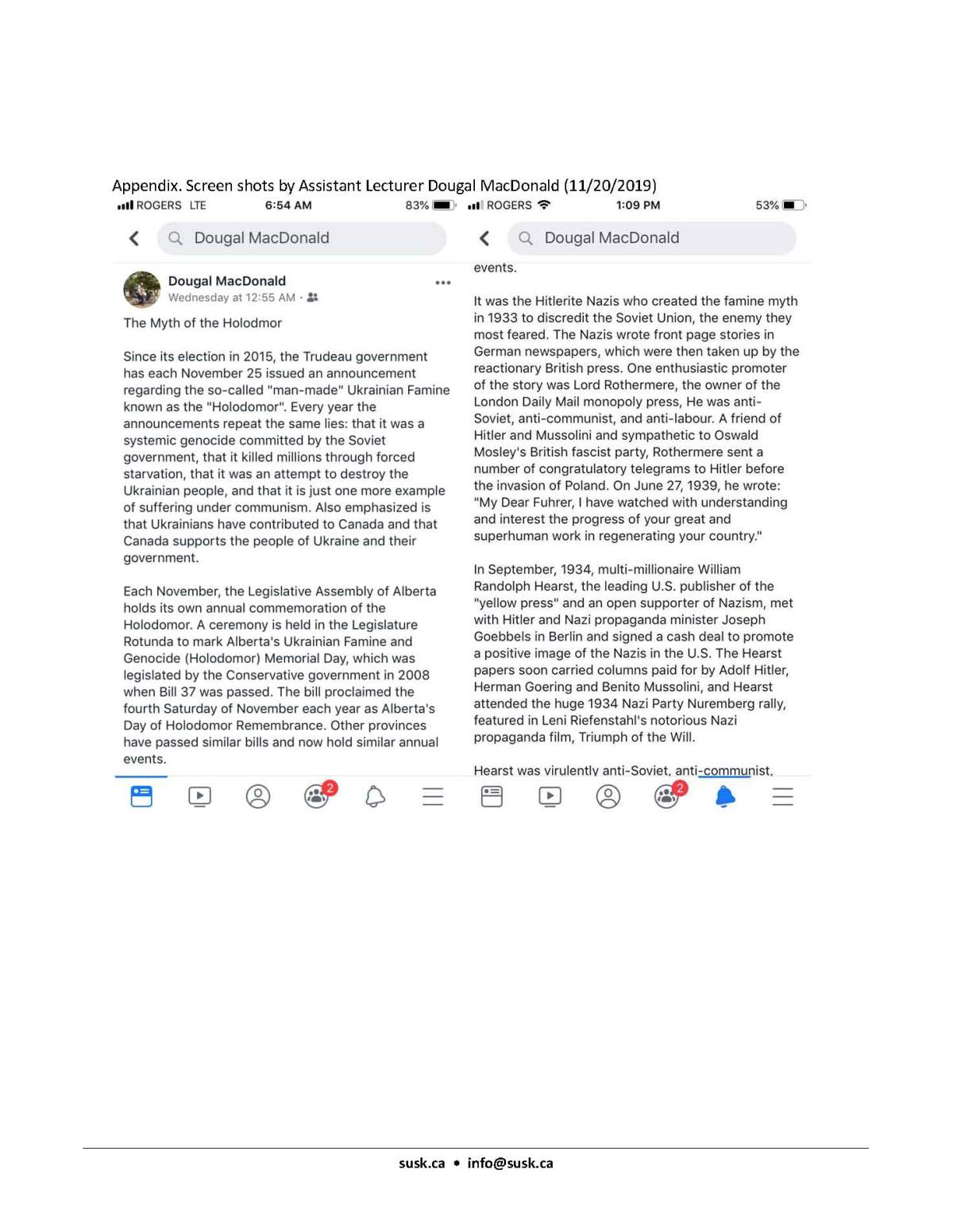 Ukrainian Canadian Students’ Union shared screenshots from a post on U of A assistant lecturer Dougal MacDonald’s Facebook page on Nov. 20, 2019.