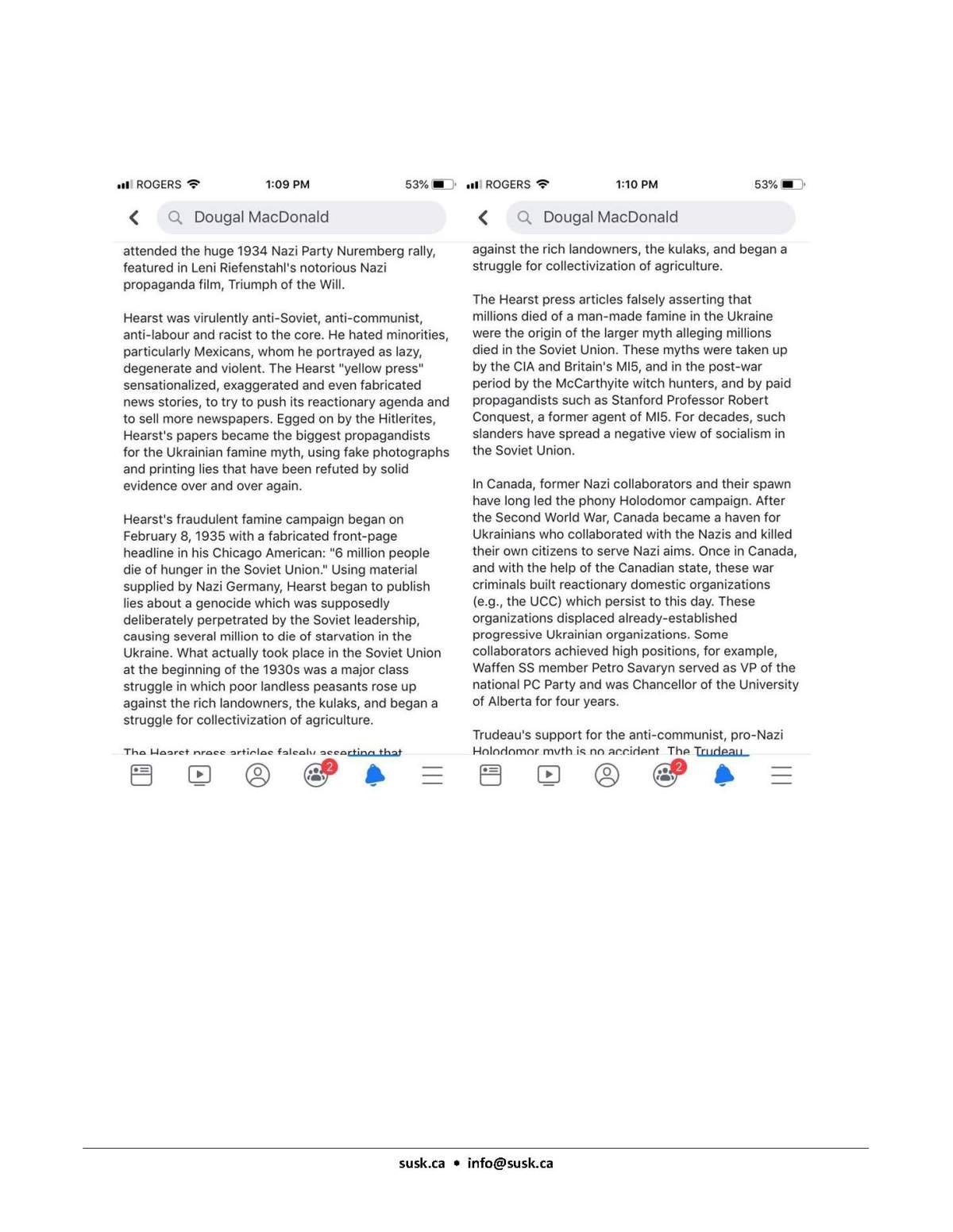Ukrainian Canadian Students’ Union shared screenshots from a post on U of A assistant lecturer Dougal MacDonald’s Facebook page on Nov. 20, 2019.