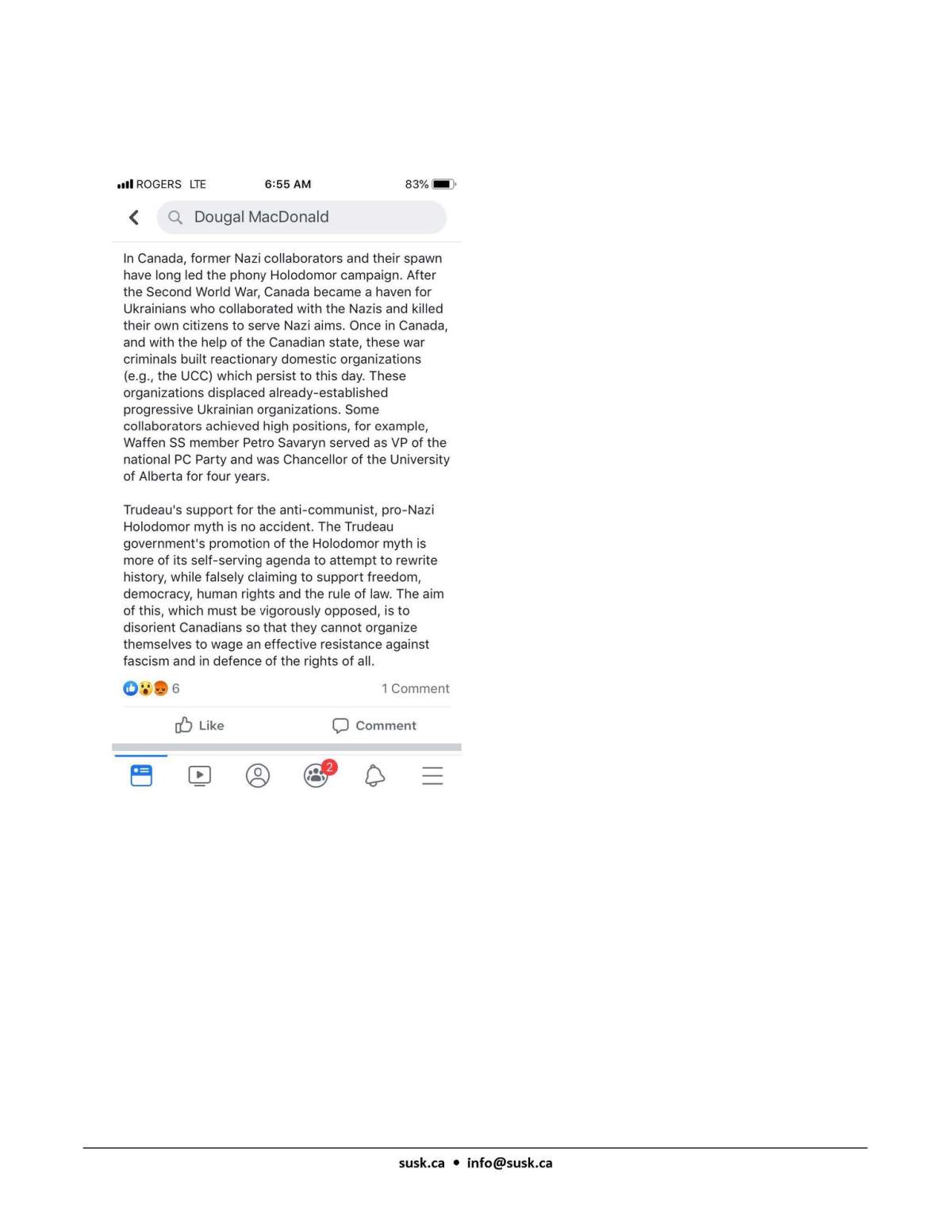 Ukrainian Canadian Students’ Union shared screenshots from a post on U of A assistant lecturer Dougal MacDonald’s Facebook page on Nov. 20, 2019.