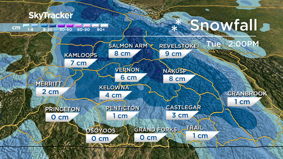 2 to 5 centimetres of snow is possible in the Okanagan on Tuesday with the first few centimetres melting on contact with the warm ground.