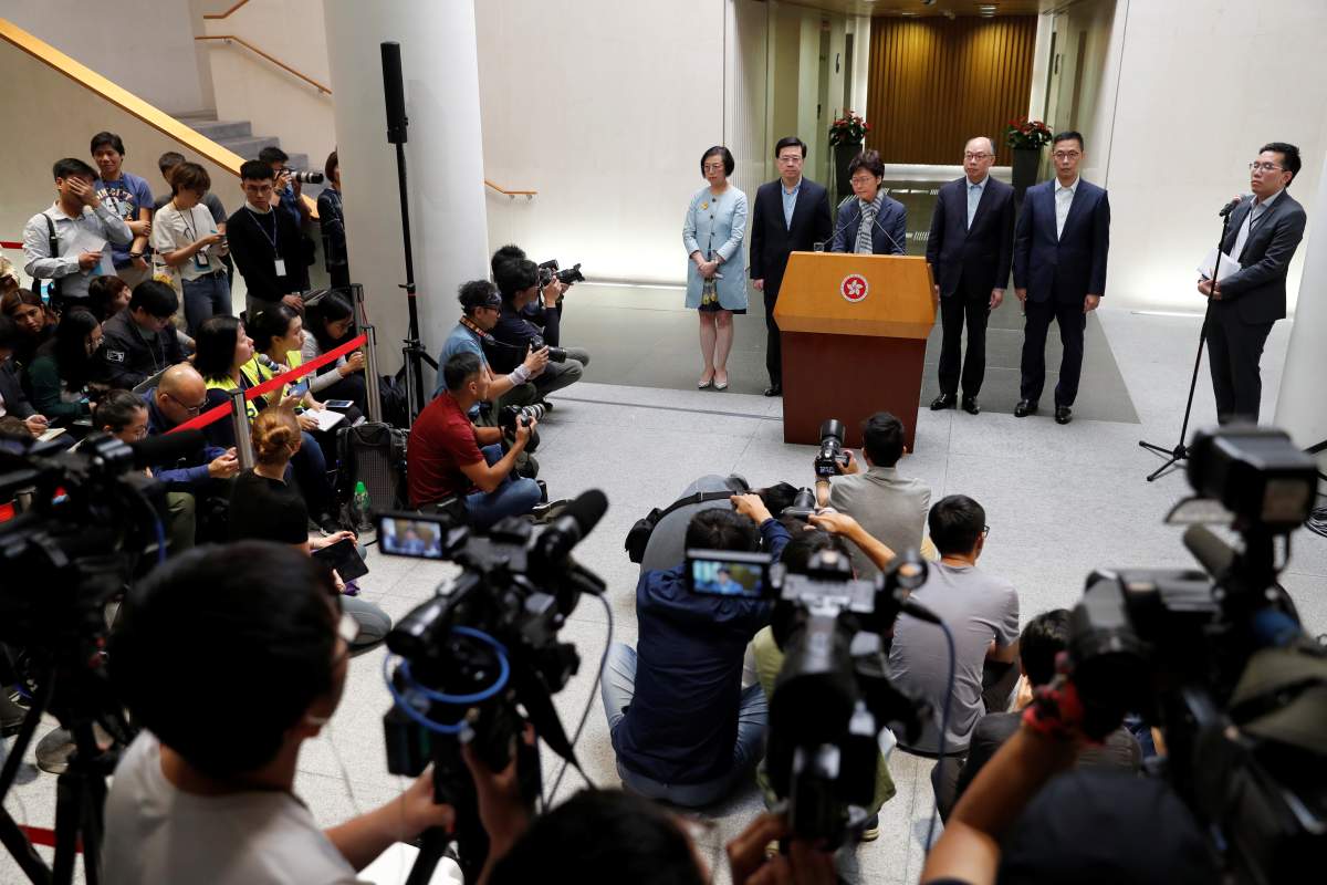 Hong Kong’s Chief Executive Carrie Lam addresses a news conference in Hong Kong, China November 11, 2019.