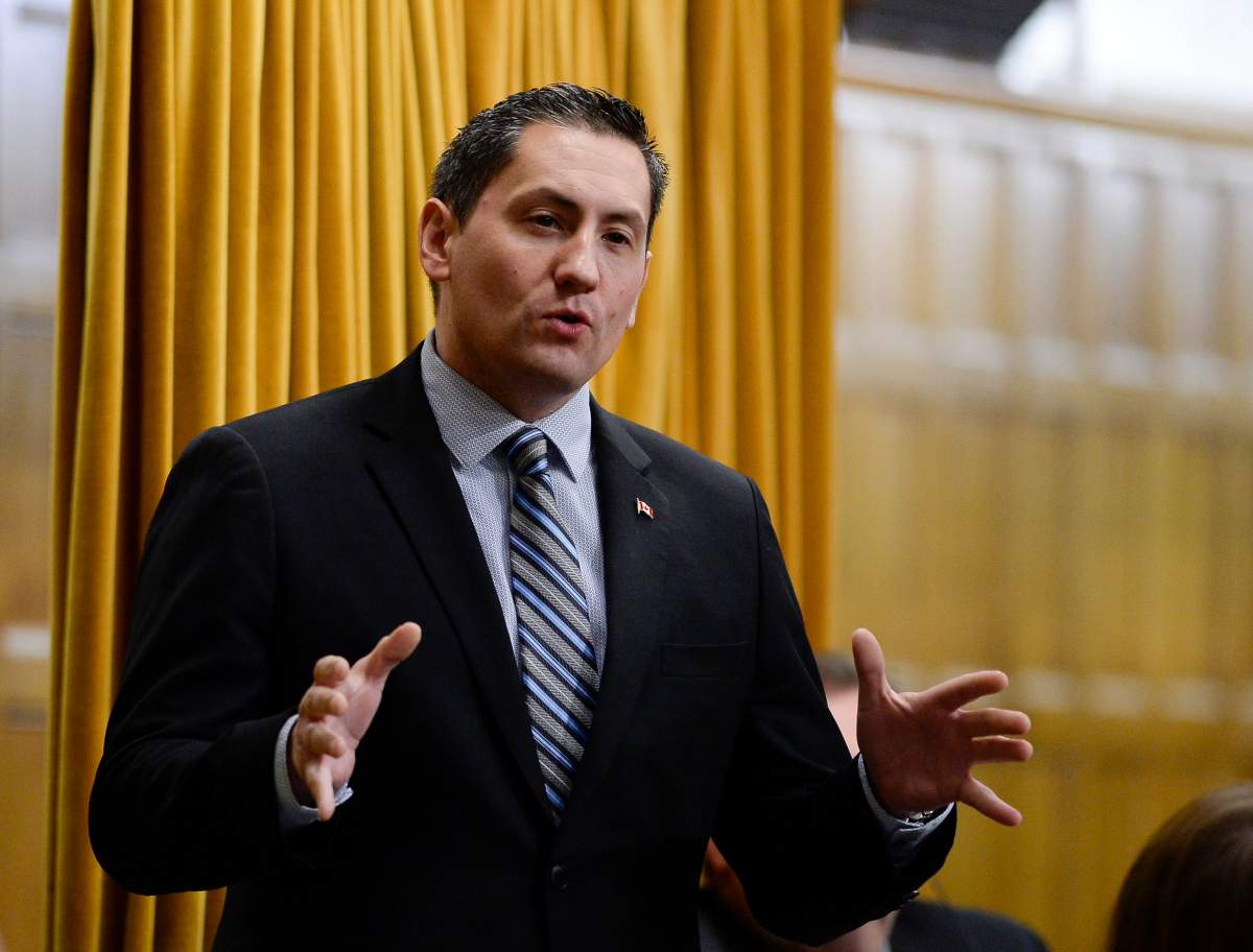 Conservative MP Jamie Schmale rises during Question Period in the House of Commons in Ottawa on Thursday, Dec. 6, 2018. 