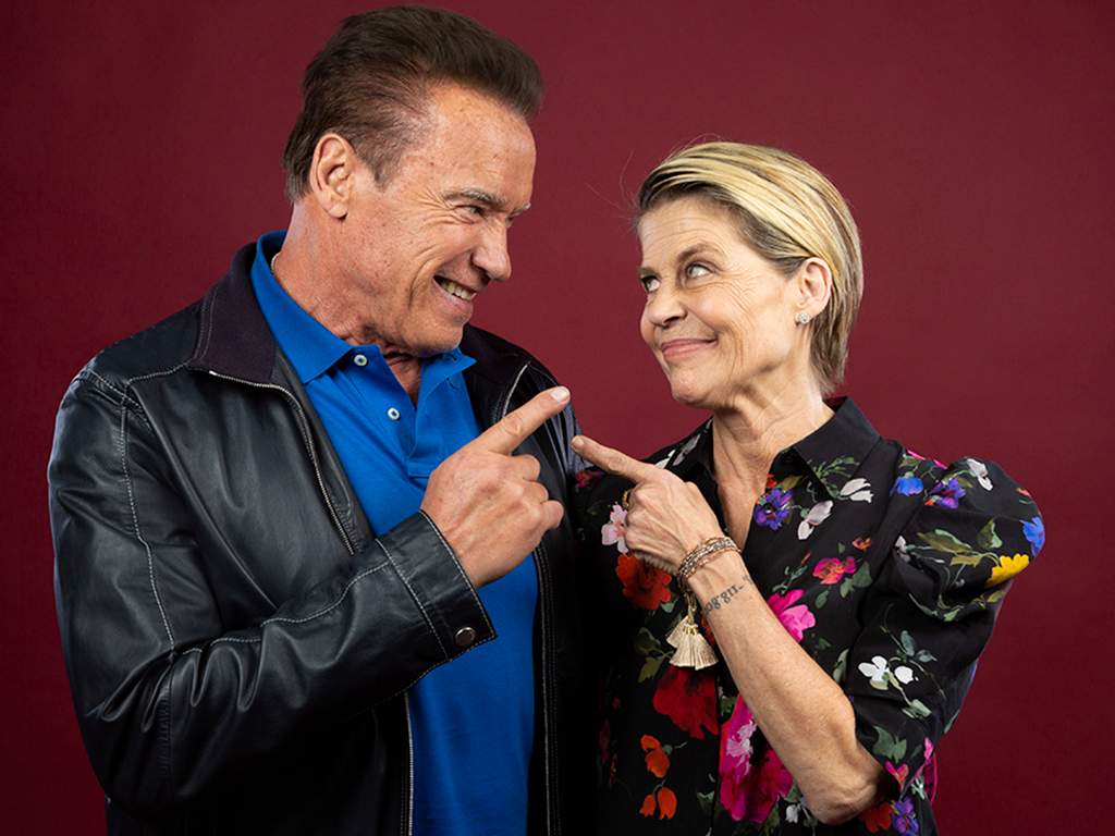 This Oct. 26, 2019 photo shows actor Arnold Schwarzenegger, left, and actress Linda Hamilton posing for a portrait to promote the film, ‘Terminator: Dark Fate’ at the Four Seasons Hotel Los Angeles at Beverly Hills in Los Angeles, Calif.