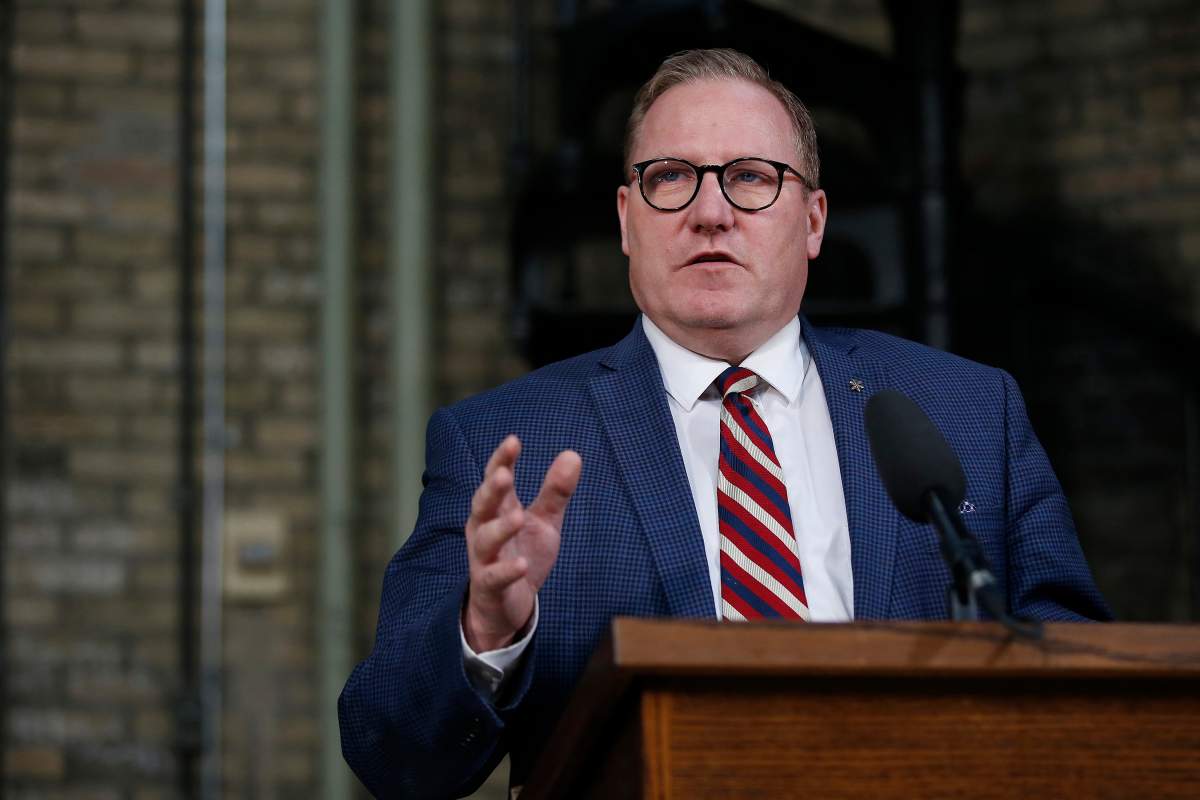 Manitoba Finance Minister Scott Fielding announces more than $150 million maintenance and repair to the Manitoba Legislature in Winnipeg Friday, March 15, 2019.