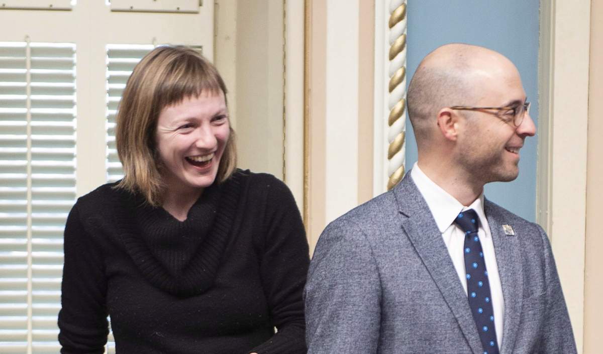 FILE -- Quebec Solidaire member Catherine Dorion was denied access to legislature for showing up to work in a hoodie on Nov. 7, 2019.