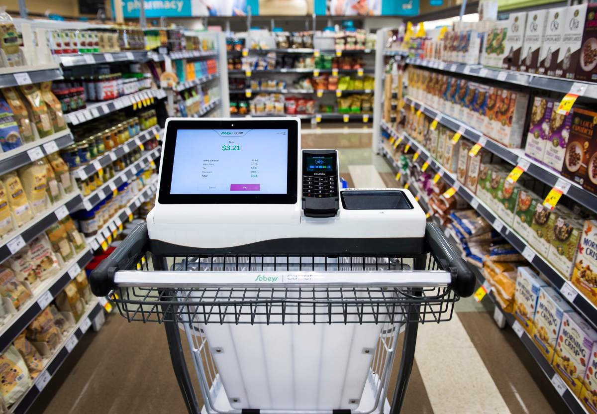 A smart cart, part of a pilot project, is shown at a Sobeys grocery store in Oakville, Ont., on Tuesday, November 12, 2019. 