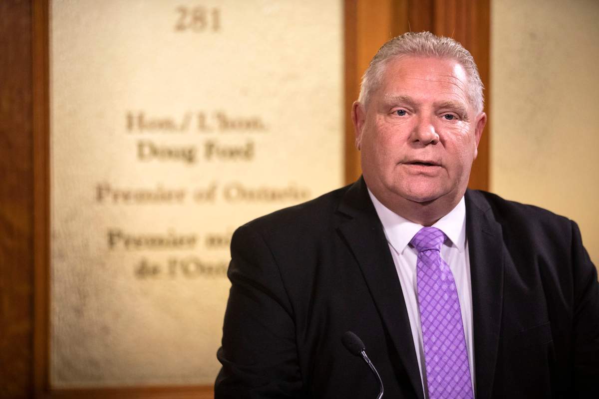 Ontario Premier Doug Ford speaks to the media outside of his office in the Ontario Legislature in Toronto on Thursday November 21, 2019. 