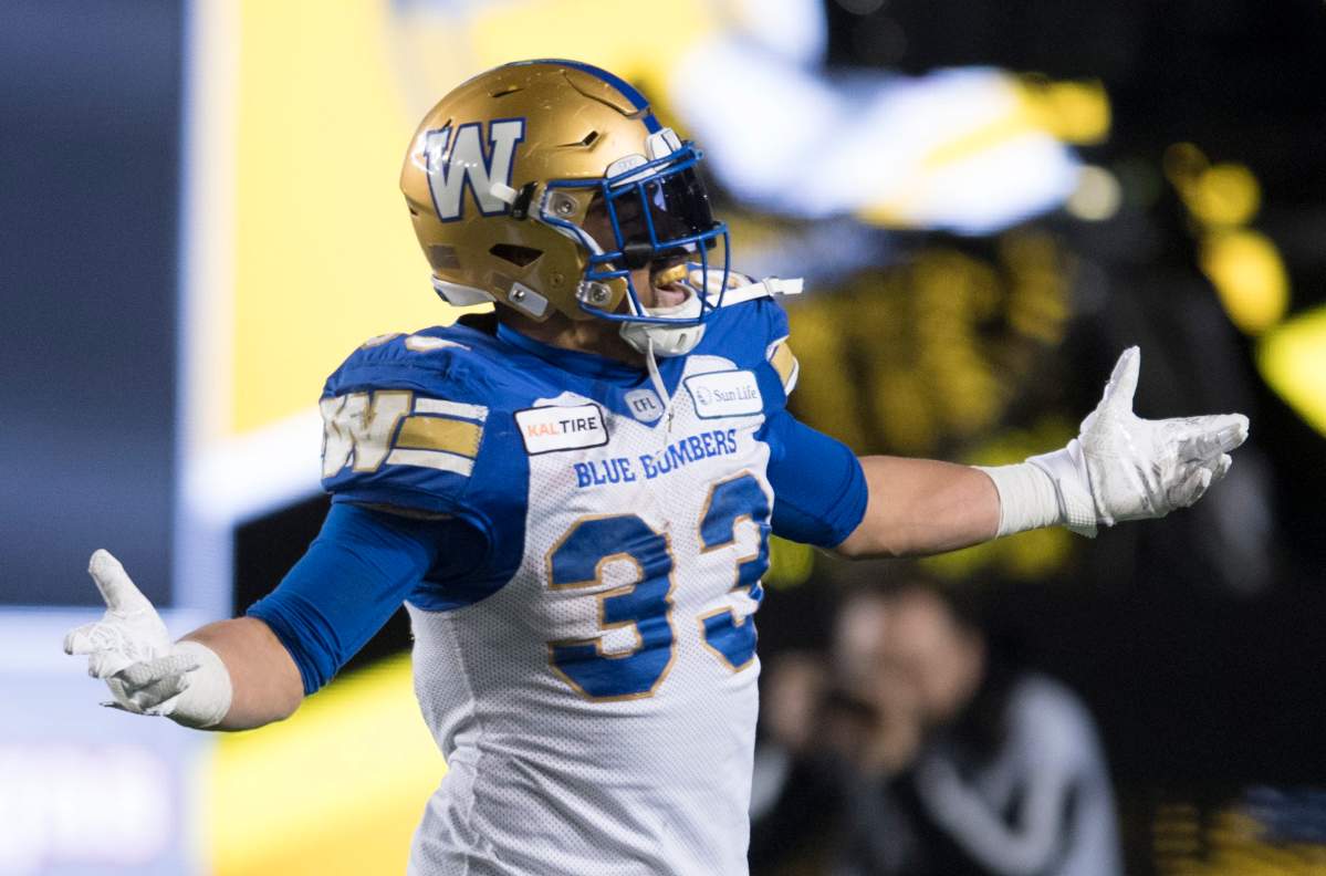 Winnipeg Blue Bombers' Andrew Harris celebrates his touchdown against the Hamilton Tiger-Cats during the first half of the 107th Grey Cup in Calgary, Alta., Nov. 24, 2019.