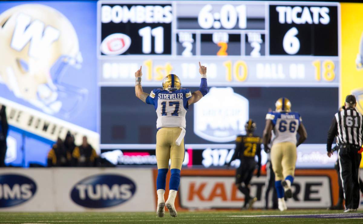 Winnipeg Blue Bombers quarterback Chris Streveler celebrates his team’s touchdown against the Hamilton Tiger-Cats during first half football action in the 107th Grey Cup in Calgary, Alta., Sunday, November 24, 2019.