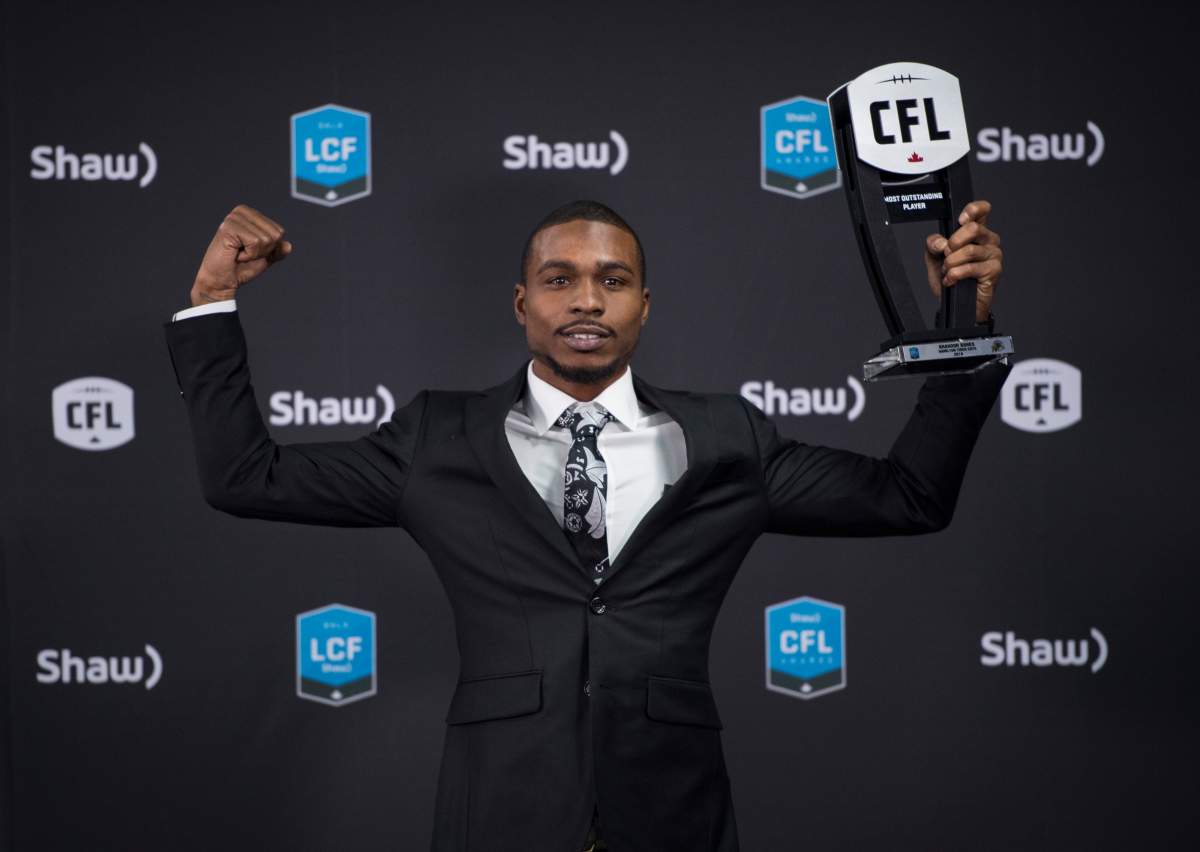 Hamilton Tiger-Cats receiver Brandon Banks poses with the trophy for the most outstanding player award at the CFL Awards during the CFL's Grey Cup week in Calgary, Thursday, Nov. 21, 2019.