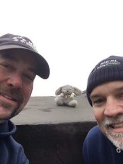 A pair of HVAC workers, Rob and Kevin from Moore Environmental Systems, found the toy bunny that flew out of a vintage Lancaster Bomber in November.
