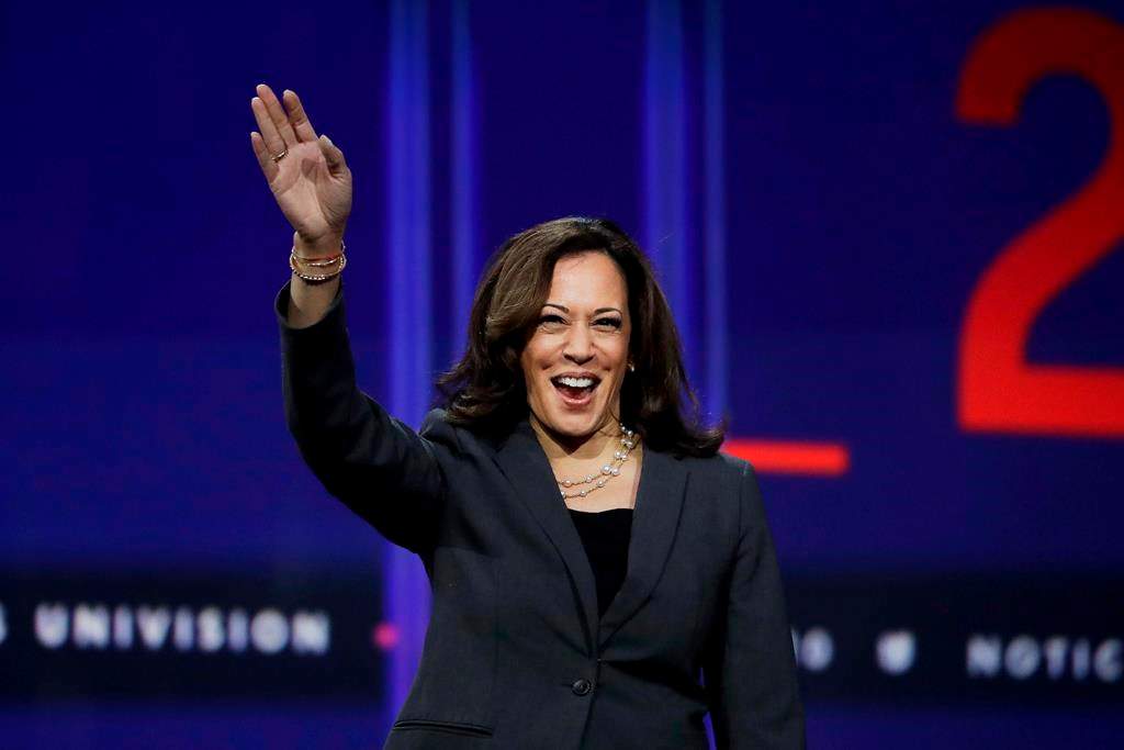 Sen. Kamala Harris, D-Calif., waves during a presidential forum at the California Democratic Party’s convention Saturday, Nov. 16, 2019, in Long Beach, Calif. (AP Photo/Chris Carlson)
