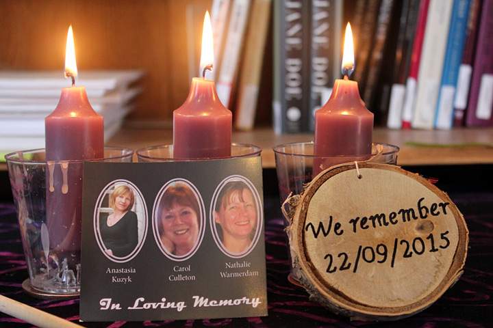 A small memorial to Anastasia Kuzyk, Carol Culleton and Nathalie Warmerdam, photographed in 2016 at the Women’s Sexual Assault Centre of Renfrew County.