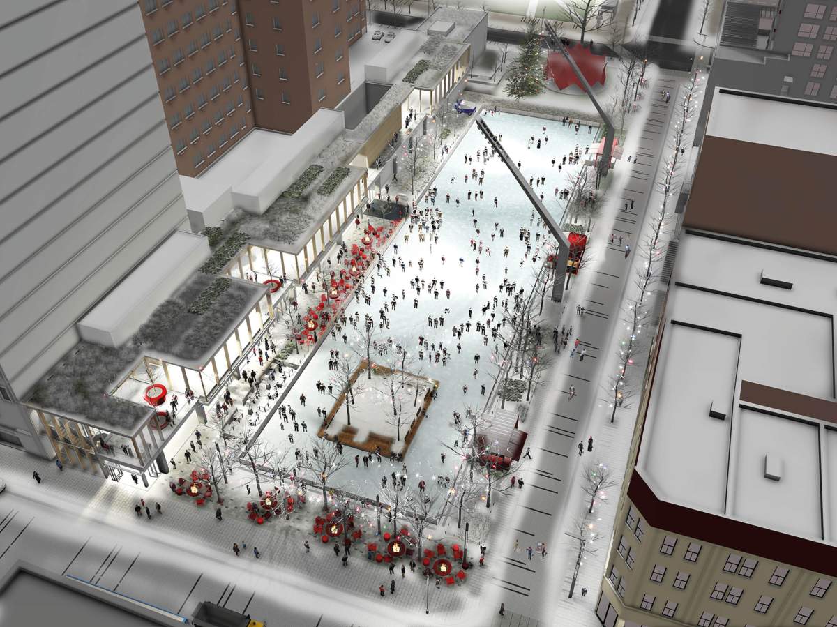 Esplanade Tranquille will turn into an ice skating rink in the winter.
