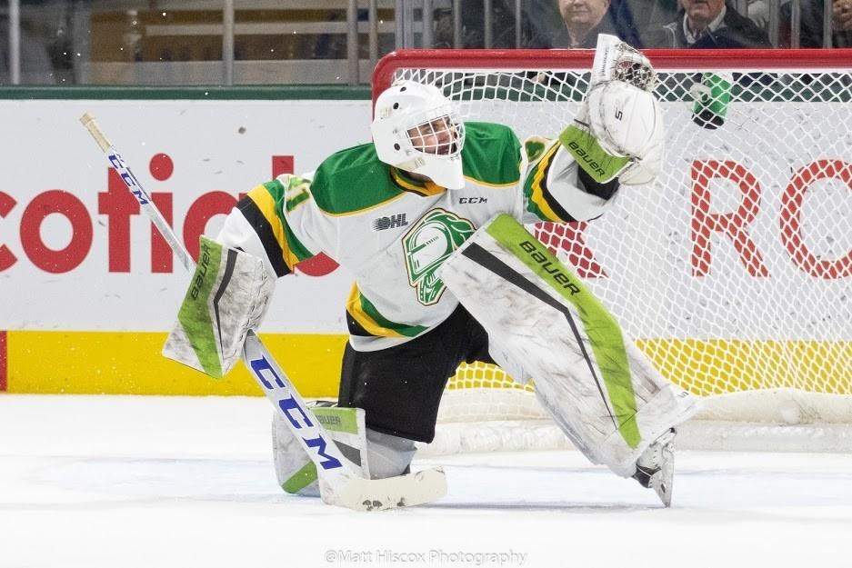 London Knights goaltender Dylan Myskiw makes a save in this undated handout photo.