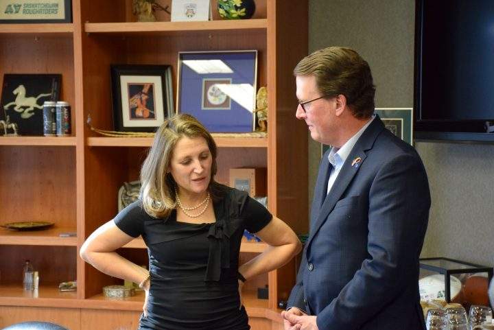Deputy Prime Minister Chrystia Freeland meets with Regina Mayor Michael Fougere in his office on Nov. 26, 2019.