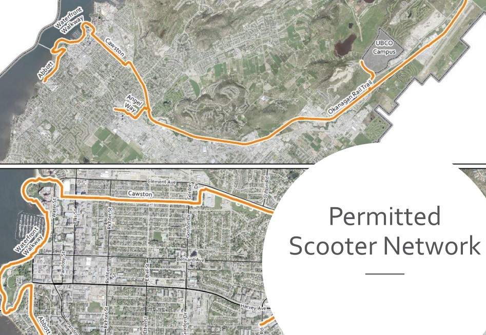 Map of allowed e-scooter routes in Kelowna. The devices are currently not allowed on city streets but that could change if a proposed pilot project moves forward.