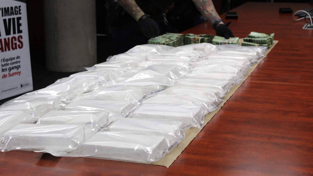 Surrey RCMP display several packages of cocaine and piles of cash seized in three separate busts in Surrey over the month of November.