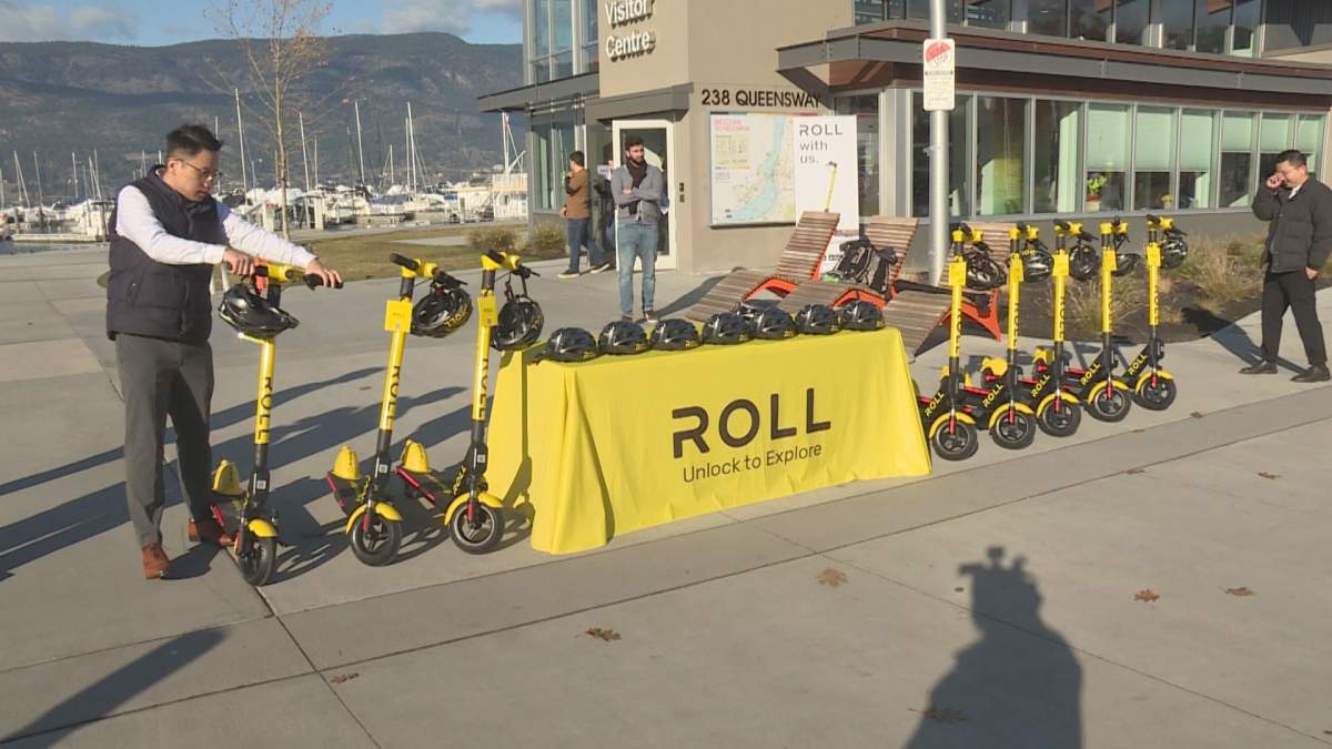 Roll’s first customers had their first ride on new e-scooters in Kelowna on Saturday.