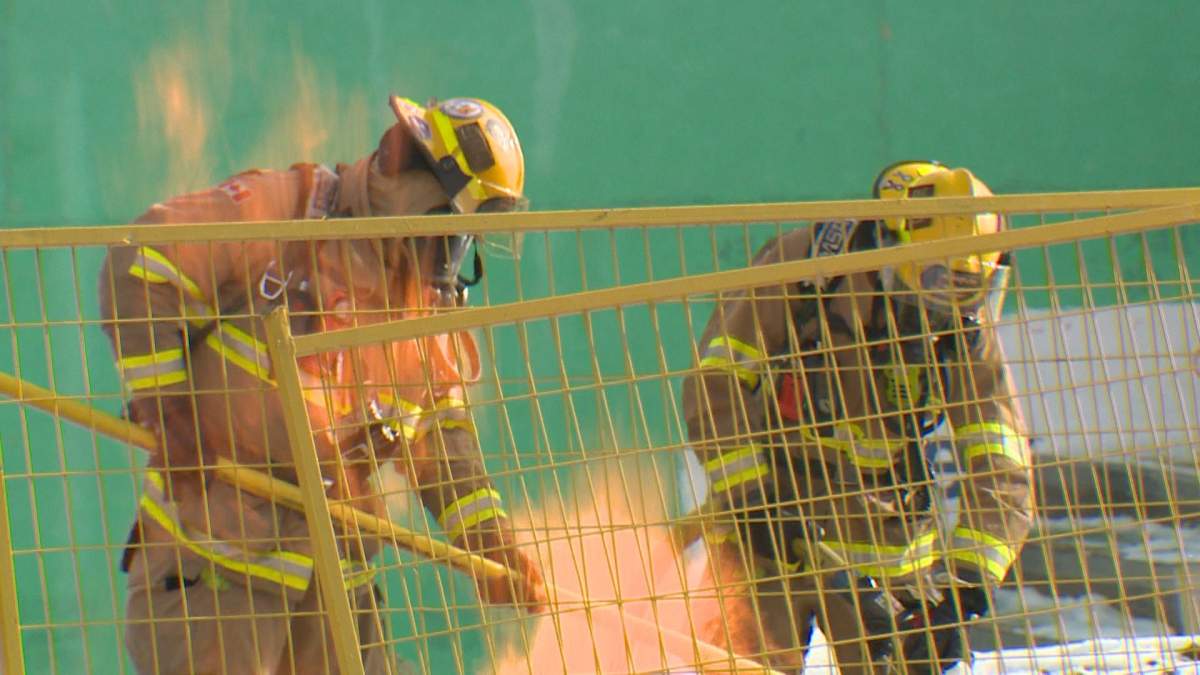 Calgary firefighters on the scene of a gas line fire in Calgary,