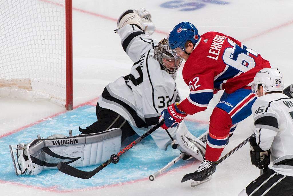Montreal Canadiens' Artturi Lehkonen moves in on Los Angeles Kings goaltender Jonathan Quick during third period NHL hockey action in Montreal, Saturday, November 9, 2019.