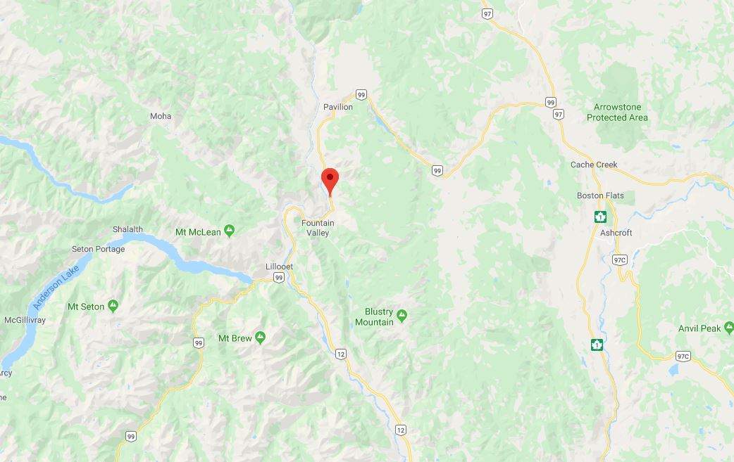 Roadway obstruction between Fountain Valley Rd and Sallus Creek Rd (15 km north of Lillooet). Closed at the Fountain slide due to movement.