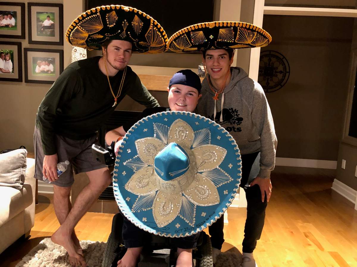 Having some fun with the sombreros Luke Evangelista and Connor McMichael received after scoring hat-tricks. Owen McGonigal is hold one that Robert Thomas received during his time with the Knights.