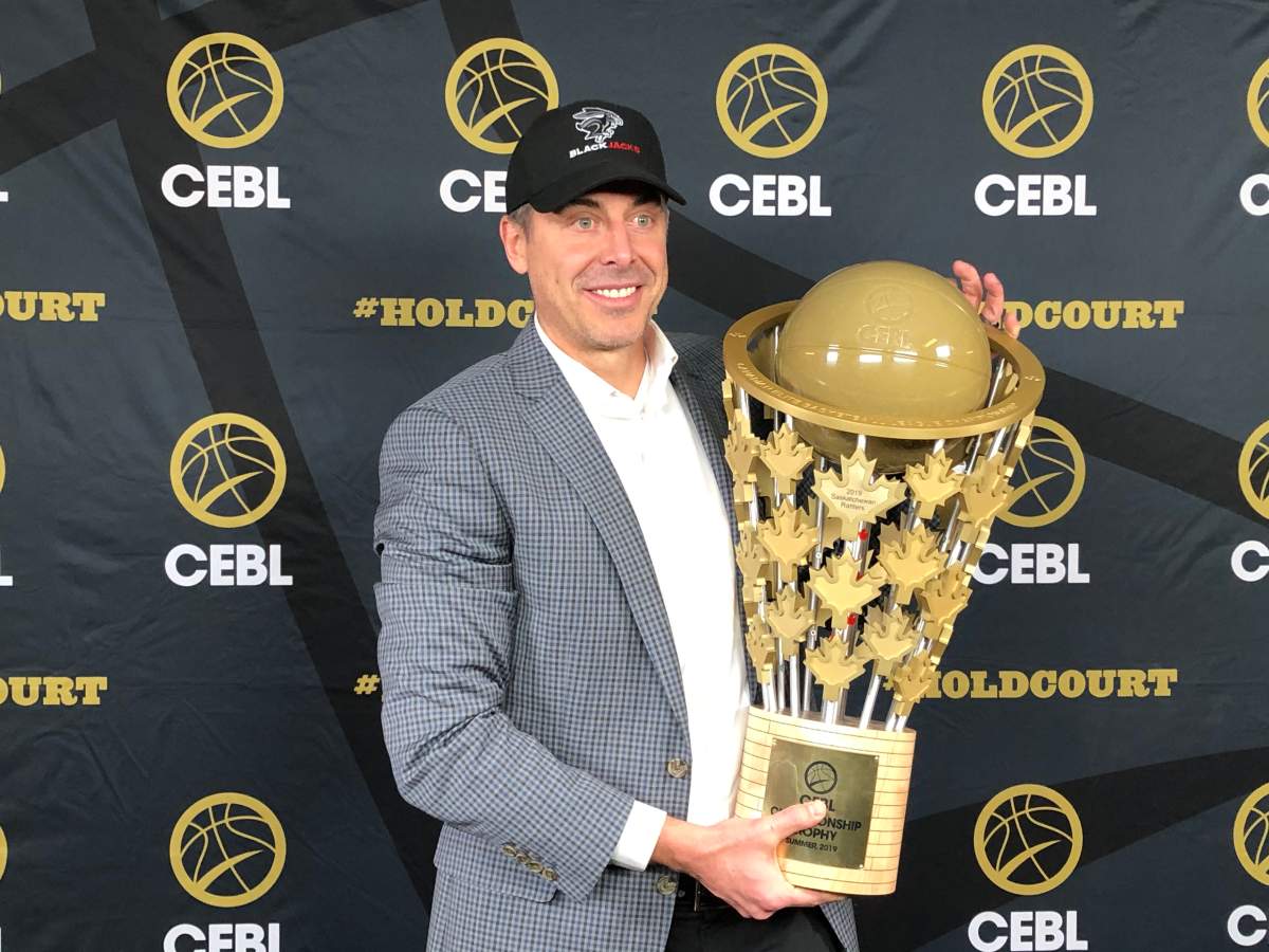 CEBL CEO and Commissioner Mile Morreale holds the league's championship trophy during an announcement of the league's expansion into Ottawa on Thursday.