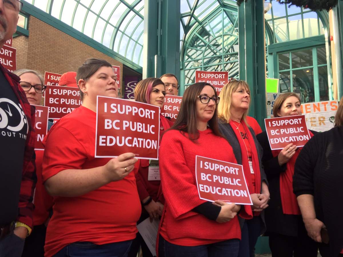 BCTF supporters rally outside the BC NDP Convention at the Victoria Convention Centre on November 23, 2019.
