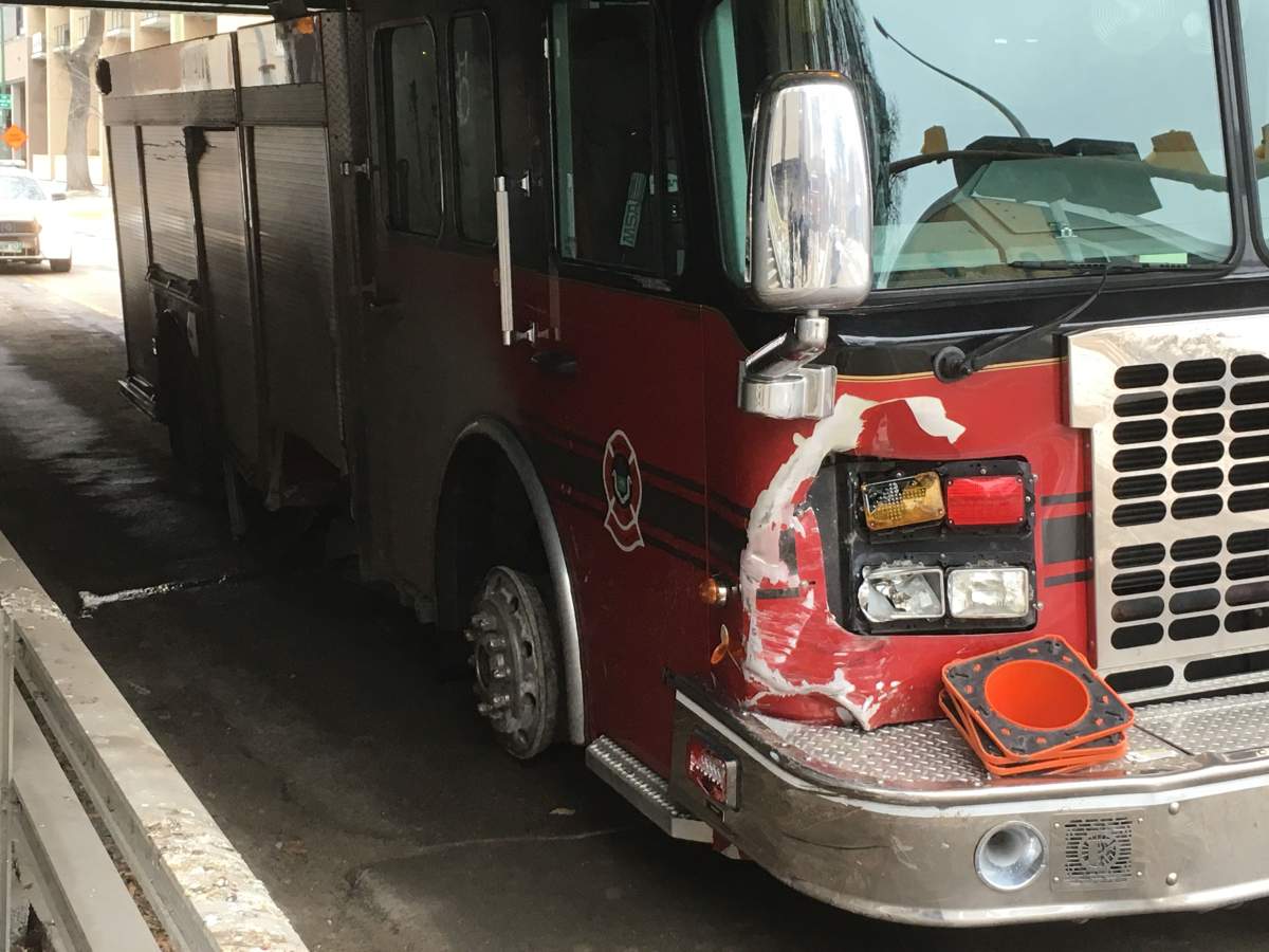 The fire truck was damaged in the chase.