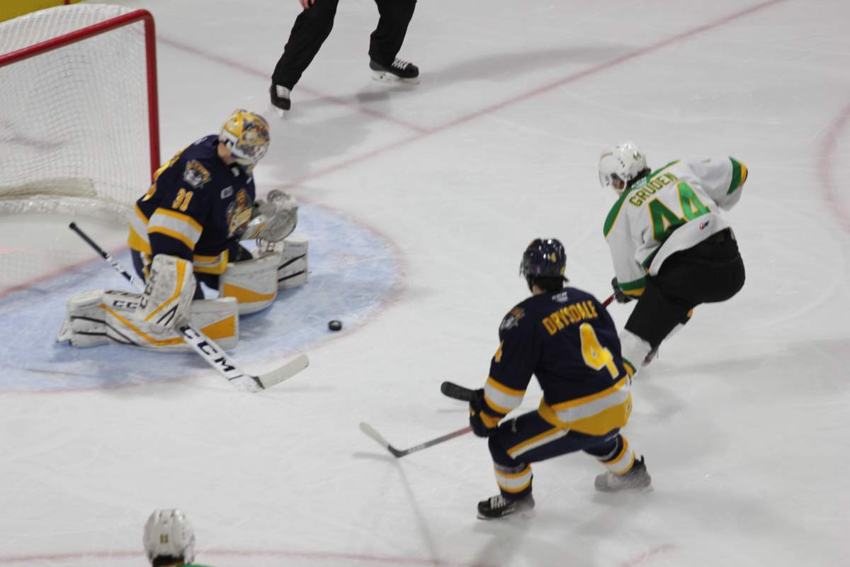 London, Ont. - Jonathan Gruden scores his second goal of the game against the Erie Otters at Budweiser Gardens on November v1, 2019.