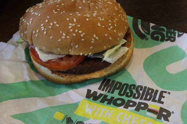 This July 31, 2019, file photo shows an Impossible Whopper burger at a Burger King restaurant in Alameda, Calif.