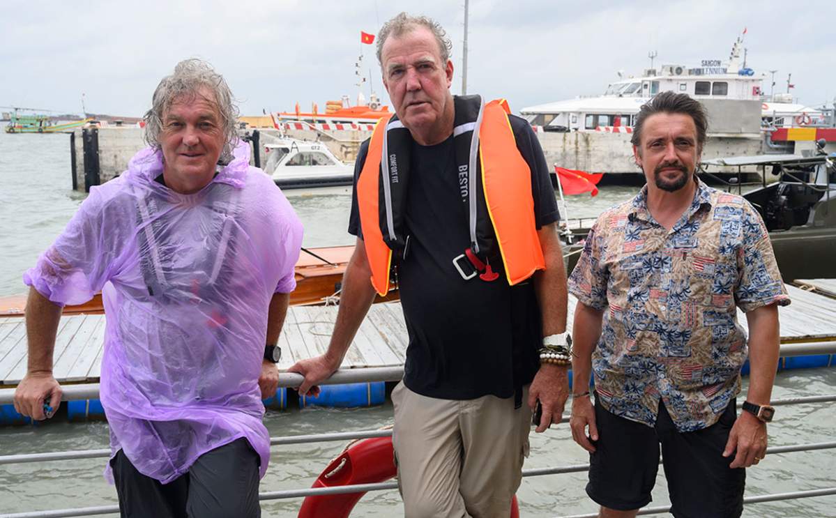 (L-R) James May, Jeremy Clarkson, and Richard Hammond posing together during the taping of Amazon Prime Video’s ‘The Grand Tour Presents: Seamen’ — which premieres on Friday, Dec. 13, 2019.