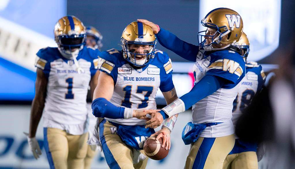 Winnipeg Blue Bombers quarterback Chris Streveler celebrates a touchdown against the Hamilton Tiger-Cats during the 107th Grey Cup in Calgary, Alta., Sunday, Nov. 24, 2019.