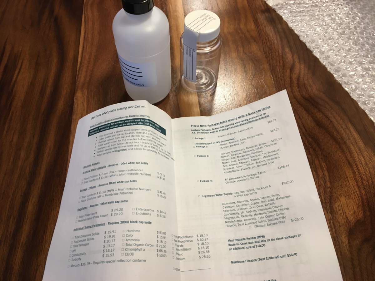 A recently obtained water testing kit from the Nova Scotia Environment Department shows the prices for packages that include lead.
