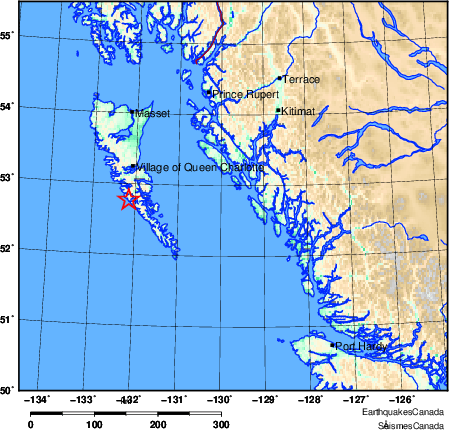 The approximate location of the earthquake according to Earthquakes Canada.