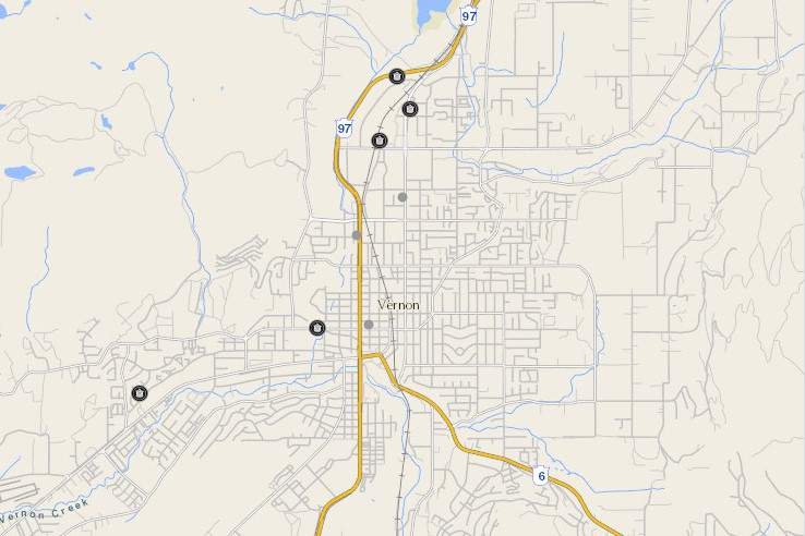 The location of Vernon cannabis shops that have received a provincial license to operate as of November 26, 2019. Some are not yet open.