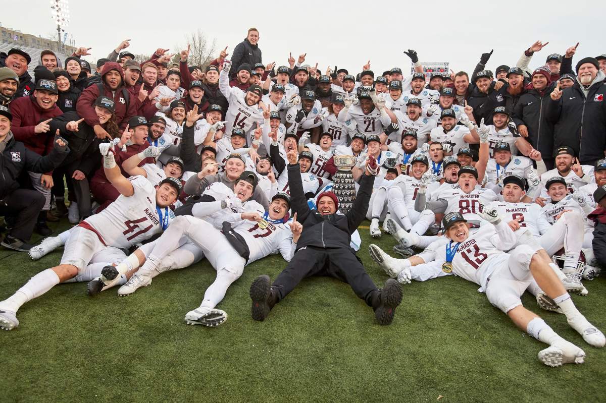 The McMaster Marauders celebrate their victory over the Western Mustangs in the USports Yates Cup university football championship in London, Ont., Saturday, Nov. 9, 2019.