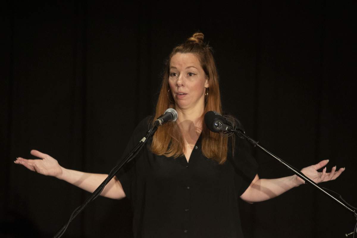 Writer Meghan Murphy speaks at an event in a Toronto Library on Tuesday October 29, 2019. The organizer of a panel discussion on gender and sexuality says the location of the event in Vancouver has been changed over possible security risks because of the views of a featured speaker who drew protests at a Toronto public library this week. 