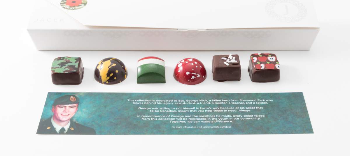 Jacek Chocolate Couture worked with Sgt. Miok’s family to create flavours that reflected the man he was, and the things he loved.