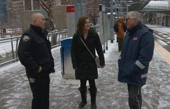 Robyn Hammer talks to Calgary Transit employees Murray McGill (right) and Tracey Ferraton (left) on Tuesday, Nov. 26, 2019.