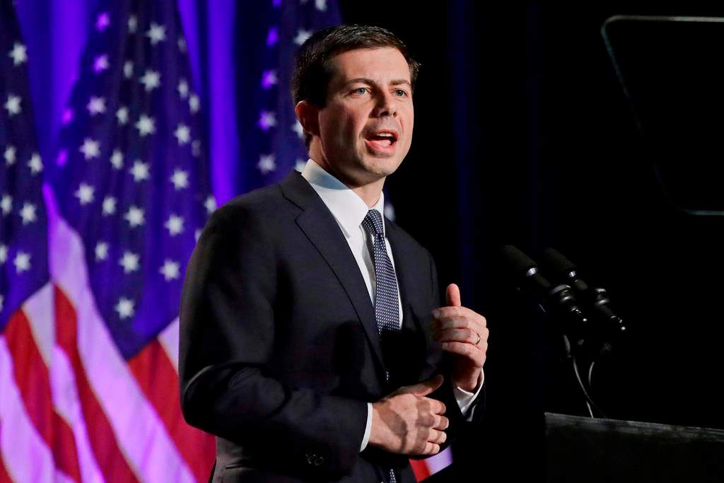 Democratic presidential candidate South Bend, Ind. Mayor Pete Buttigieg delivers a Veterans Day address at a campaign event Monday, Nov. 11, 2019, in Rochester, N.H. (AP Photo/Elise Amendola)