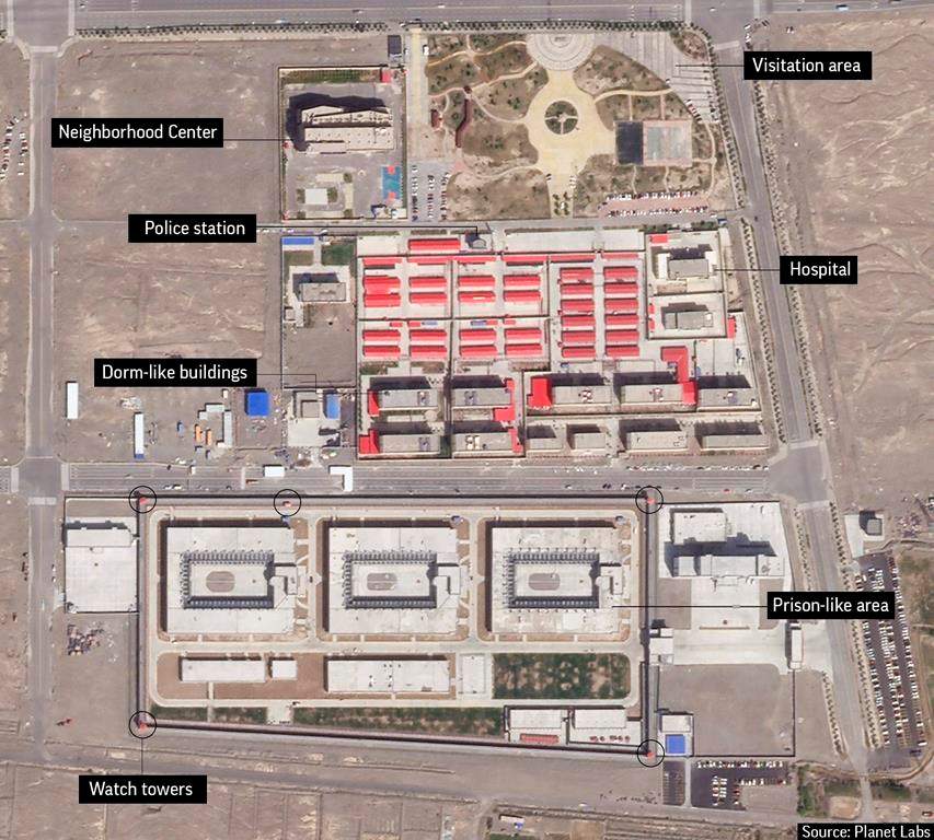 FILE – In this Sep. 17, 2018, file satellite image provided by Planet Labs, buildings are seen around the Kunshan Industrial Park in Artux in western China’s Xinjiang region. This is one of a number of internment camps in the Xinjiang region. (Planet Labs via AP, File)