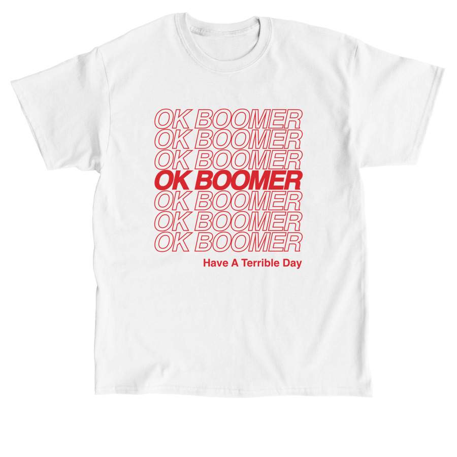An “OK boomer” shirt is shown on the website Bonfire.