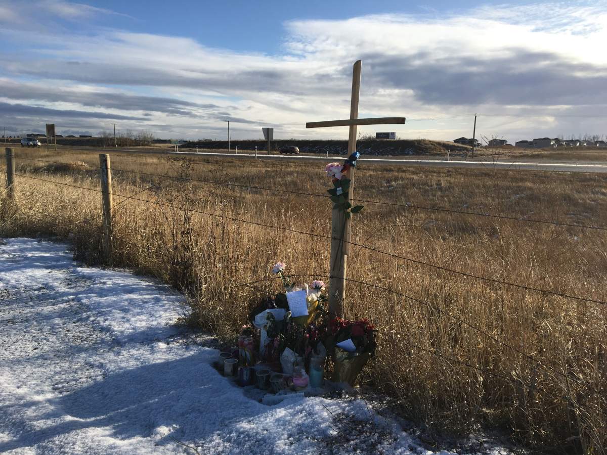 A memorial set up in Parkland County Monday, Nov. 25, 2019. RCMP say 33-year-old Saladina Vivancos’ death is being investigated as a homicide.