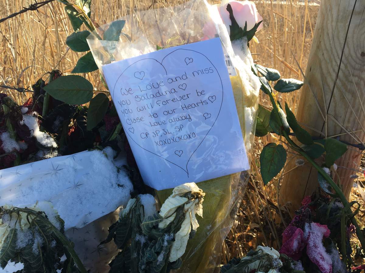 A memorial set up in Parkland County Monday, Nov. 25, 2019. RCMP say 33-year-old Saladina Vivancos’ death is being investigated as a homicide.