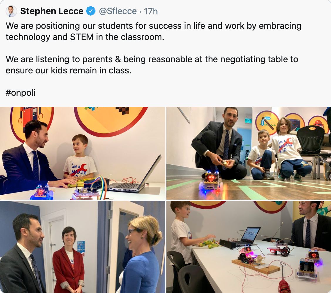 A tweet posted to Education Minister Stephen Lecce’s account on Thursday, Nov. 21. The tweet was deleted the following day.